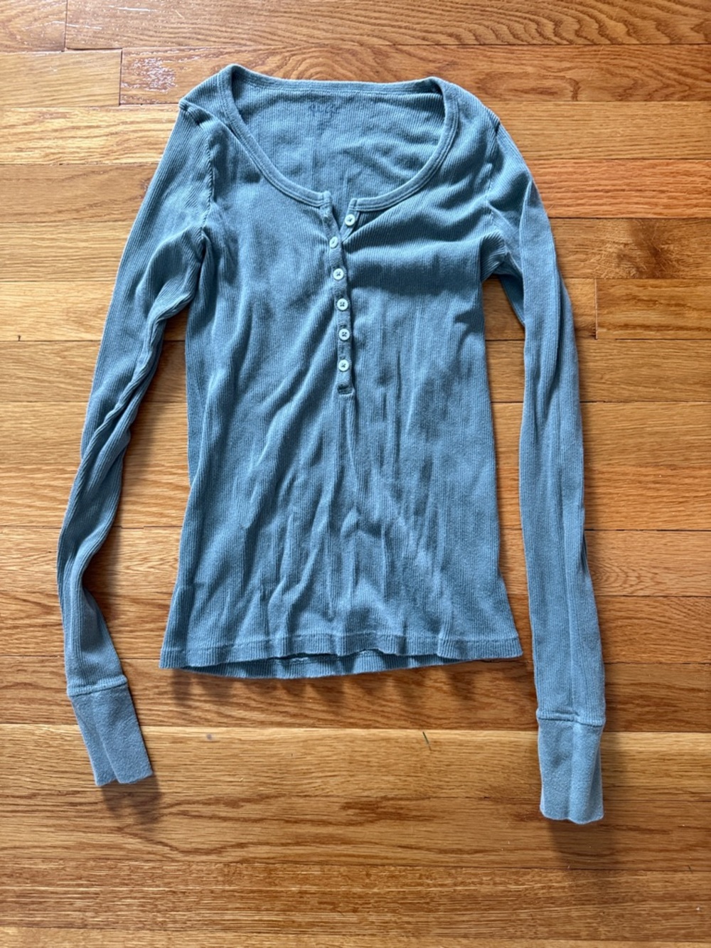 Long-Sleeve Ribbed Henley Top in Dusty Blue. John Galt
